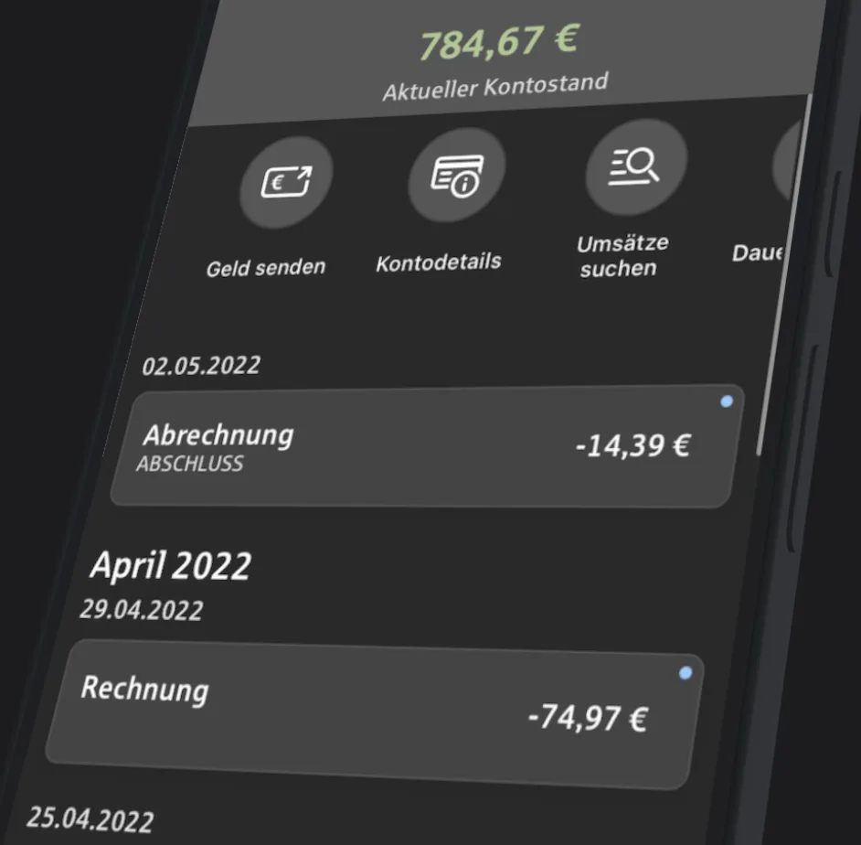 Screenshot einer Android-Banking-App mit Kontoübersicht und Umsätzen