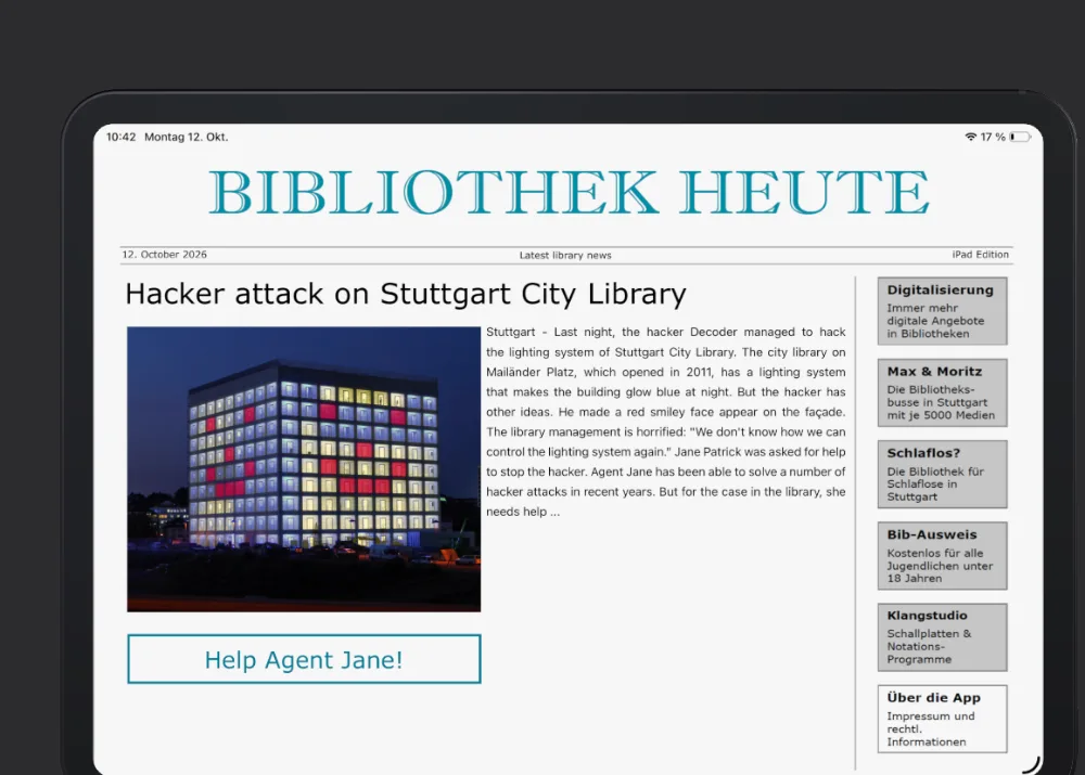 Screenshot der iPad-App BibVenture für die Stadtbibliothek Stuttgart